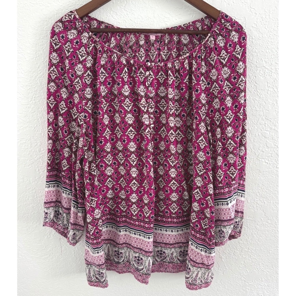 Rose & Thyme Pink White Paisley Print Peasant Top Size 1X 3/4 Sleeve Floral Boho
